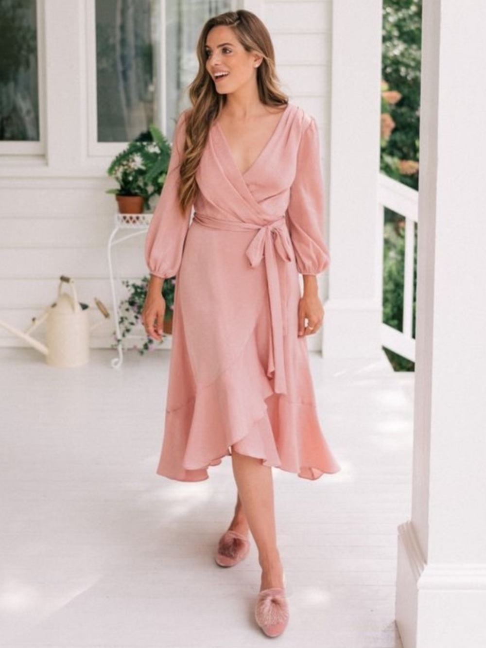 Gal Meets Glam Blush Pink Midi Wrap Dress